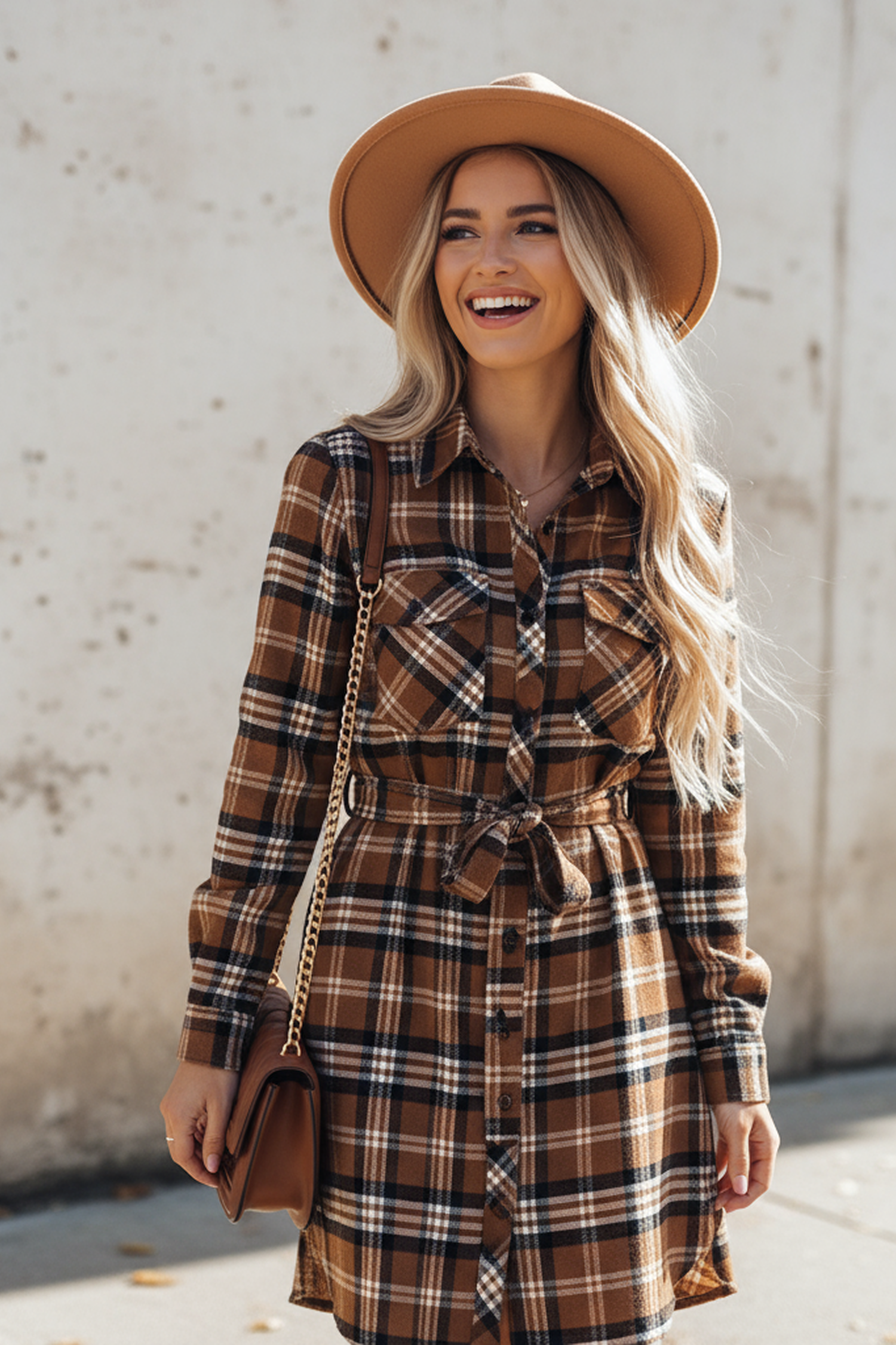 Plaid Collared Long Sleeve Front Button Mini Shirt Dress