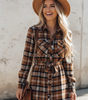 Plaid Collared Long Sleeve Front Button Mini Shirt Dress