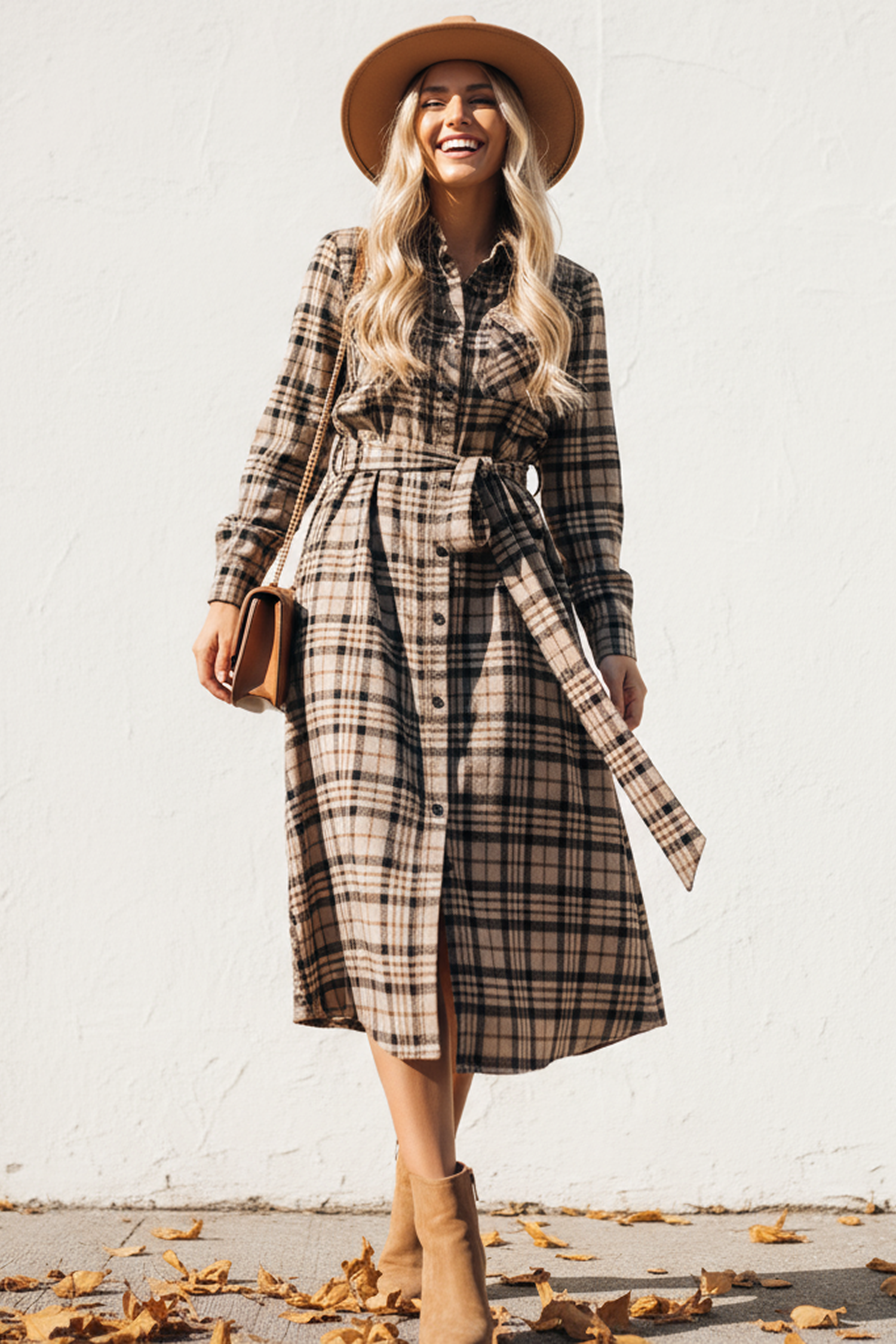 Plaid Collared Long Sleeve Front Button Mini Shirt Dress