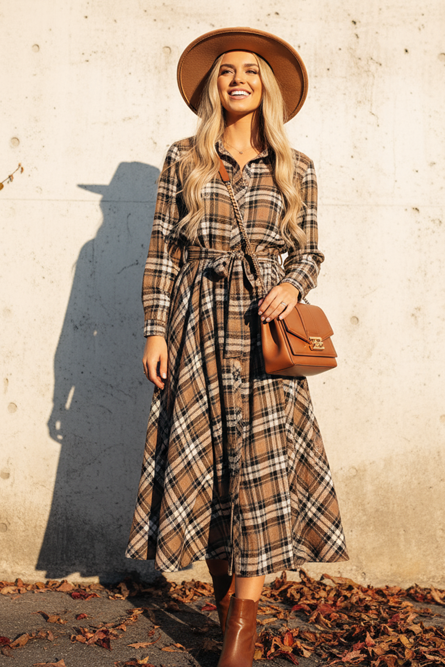 Plaid Collared Long Sleeve Front Button Mini Shirt Dress