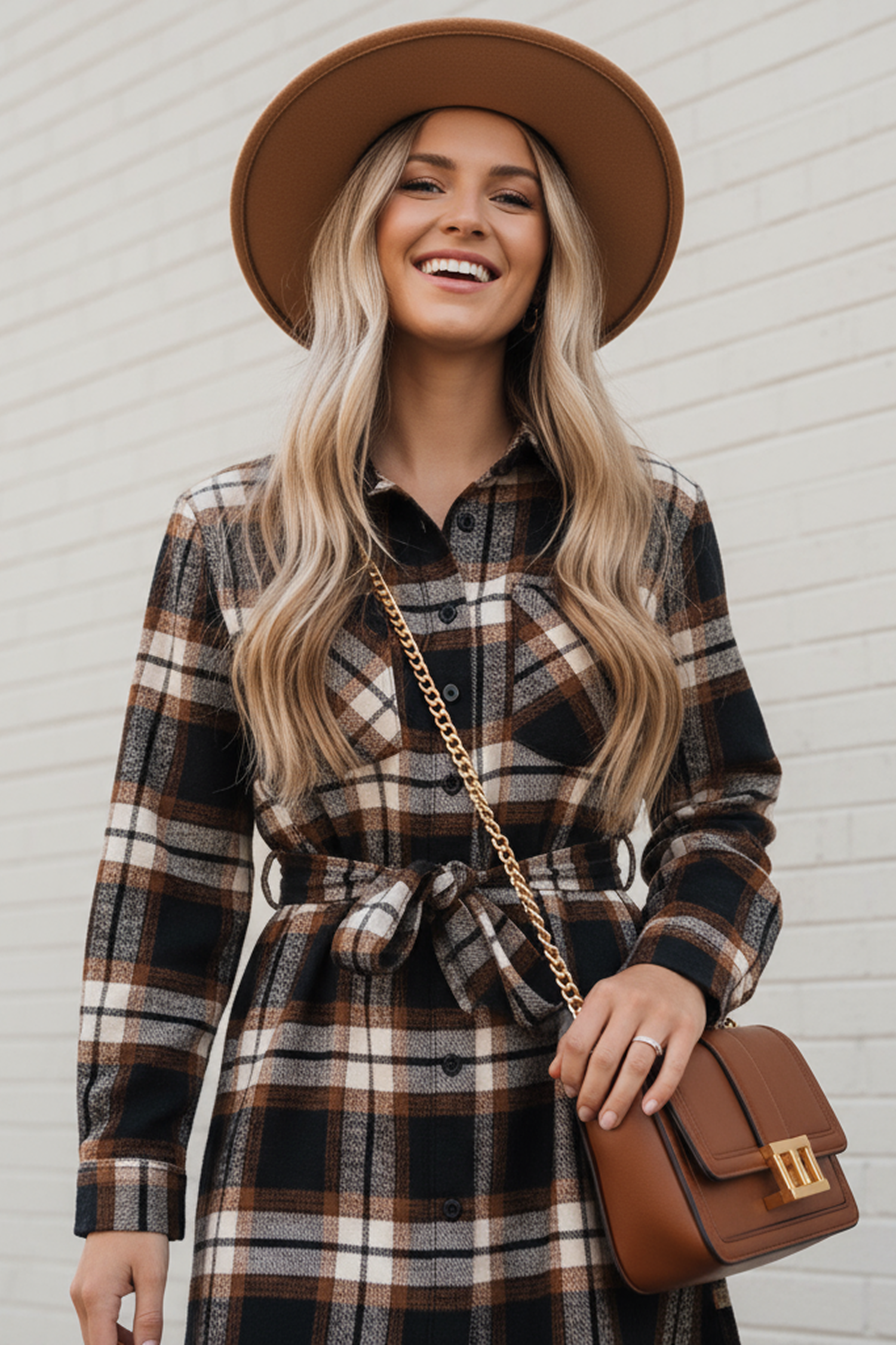 Plaid Collared Long Sleeve Front Button Mini Shirt Dress